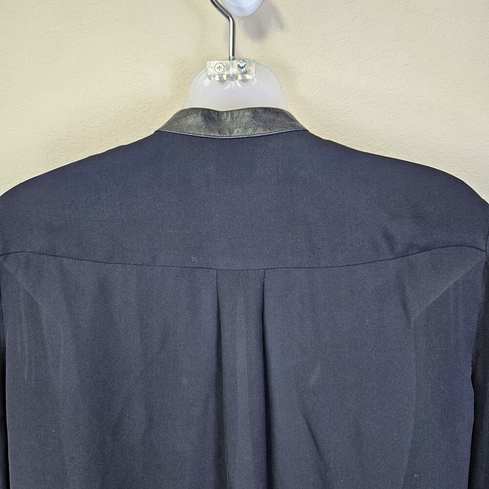 Haute Hippie 100% Silk Blouse S Leather Trim Tuxedo Pintuck Black Sheer Luxury - Picture 12 of 16
